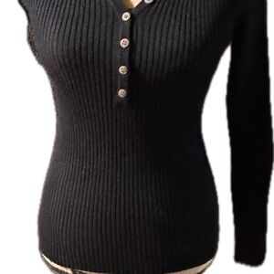 Women’s Black Ribbed Henley Sweater